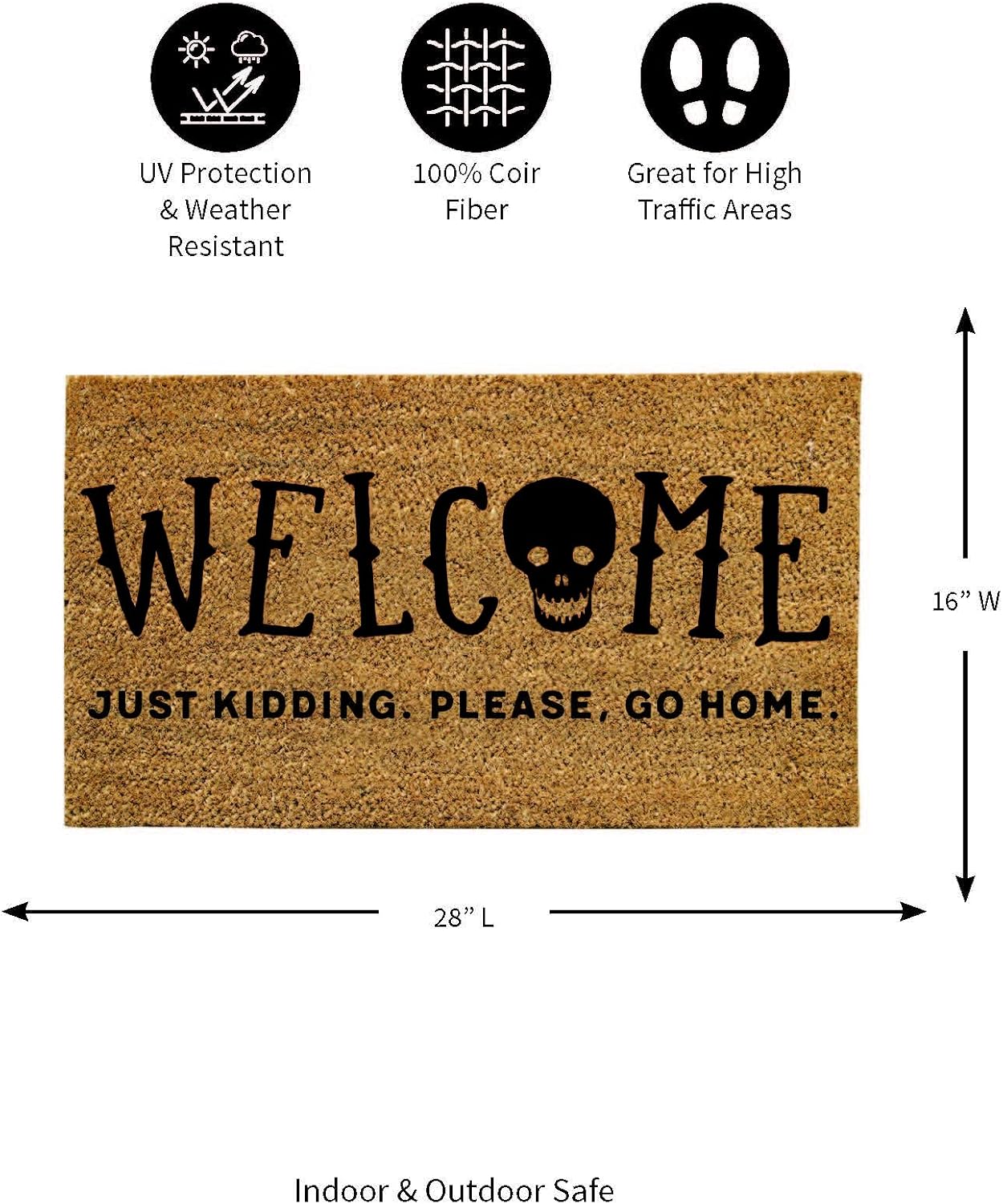 Evergreen Flag Halloween Skeleton Screaming Coir Doormat, Front Door Welcome Mat for Outdoor Indoor Entrance, 28x16 Inches, Non-Slip Doorway Rug, Funny Halloween Party Decoration for Porch Patio Floor