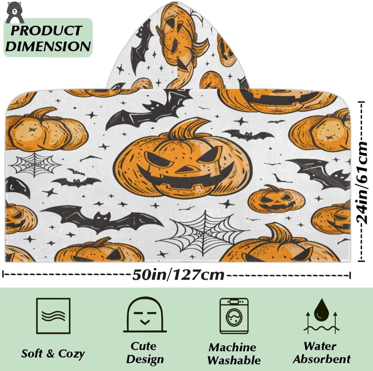 Pardick Kids Bath Towel Web Bat Pumpkin Beach Towel with Hood Pool Cover Up for Girls Boys Soft Absorbent Hooded Bath Towel Toddler Towels for Beach, Pool