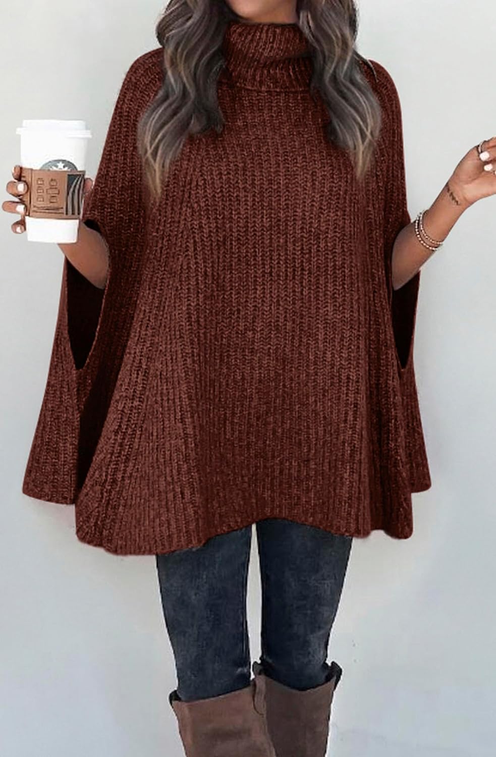 KIRUNDO Women's 2026 Fall Winter Turtleneck Poncho Sweater Fashion Chunky Knit Cape Wrap Sweaters Pullover Jumper Tops - Image 4