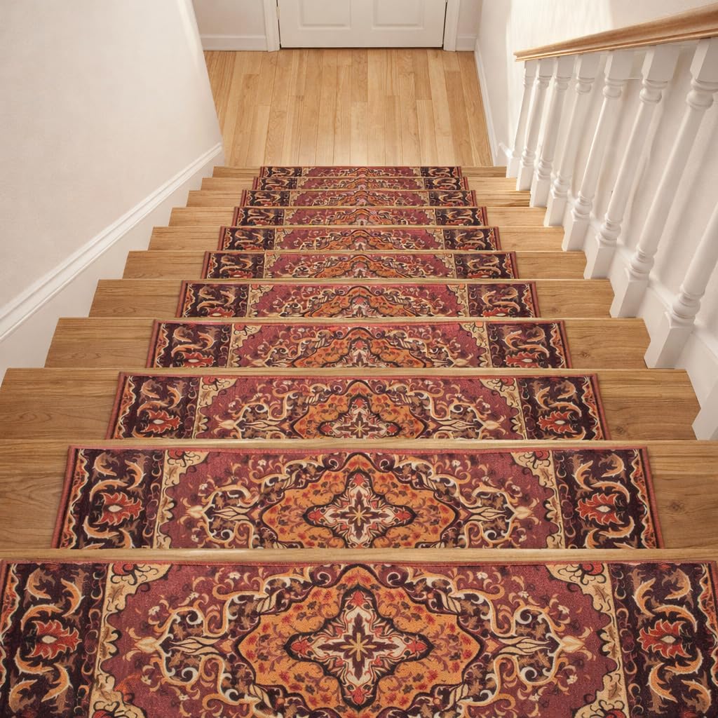 GIB Stair Treads for Wooden Steps Non Slip Washable Carpet Stair Treads 8" X 30", Self Adhesive Indoor Stair Runners for Kids Elders and Dogs, Vintage Oriental Persian Medallion, Burgundy, 15 Pack