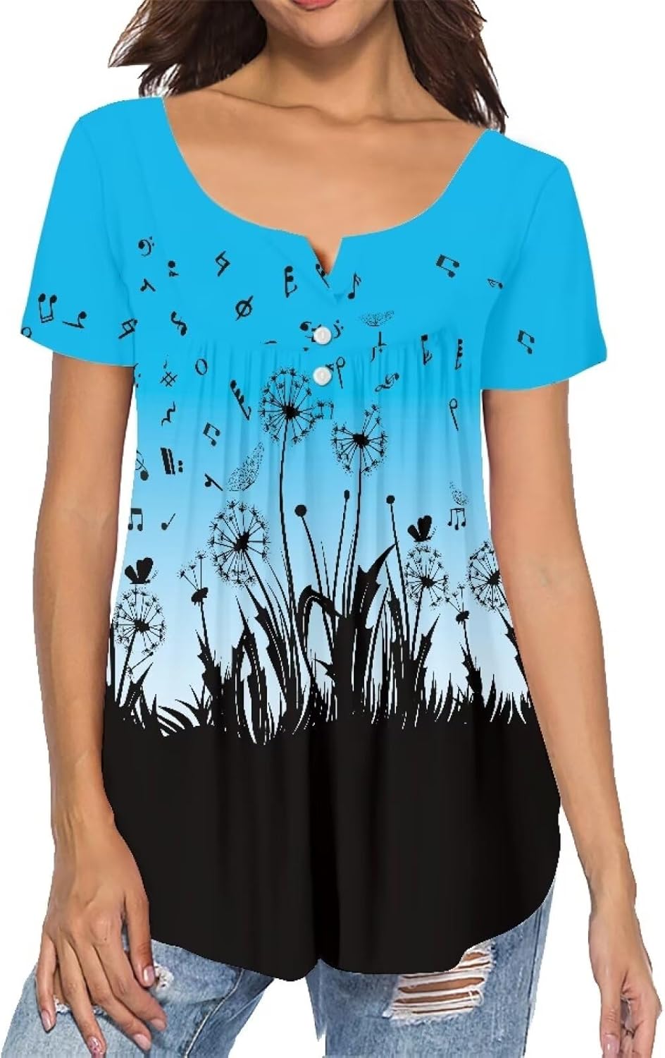 Rose Tunic Tops for Women Blue Rose Short Sleeve Flare T-Shirts Rose Flowers V-Neck Button Up Pleated Top
