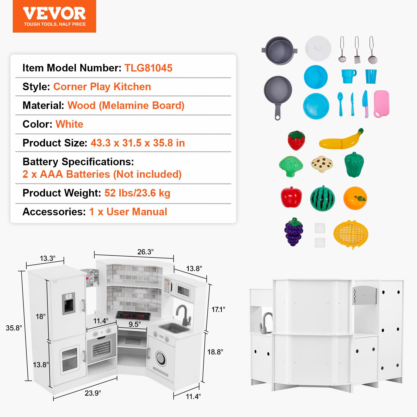 VEVOR Cuisine pour Enfants, Ensemble Cuisine d'angle en Bois, Lumières, Sons, Machine à Glaçons, Four, Évier, Horloge, Micro-Ondes, Réfrigérateur, pour Tout-Petits, Enfants d'Âge Préscolaire, Blanc