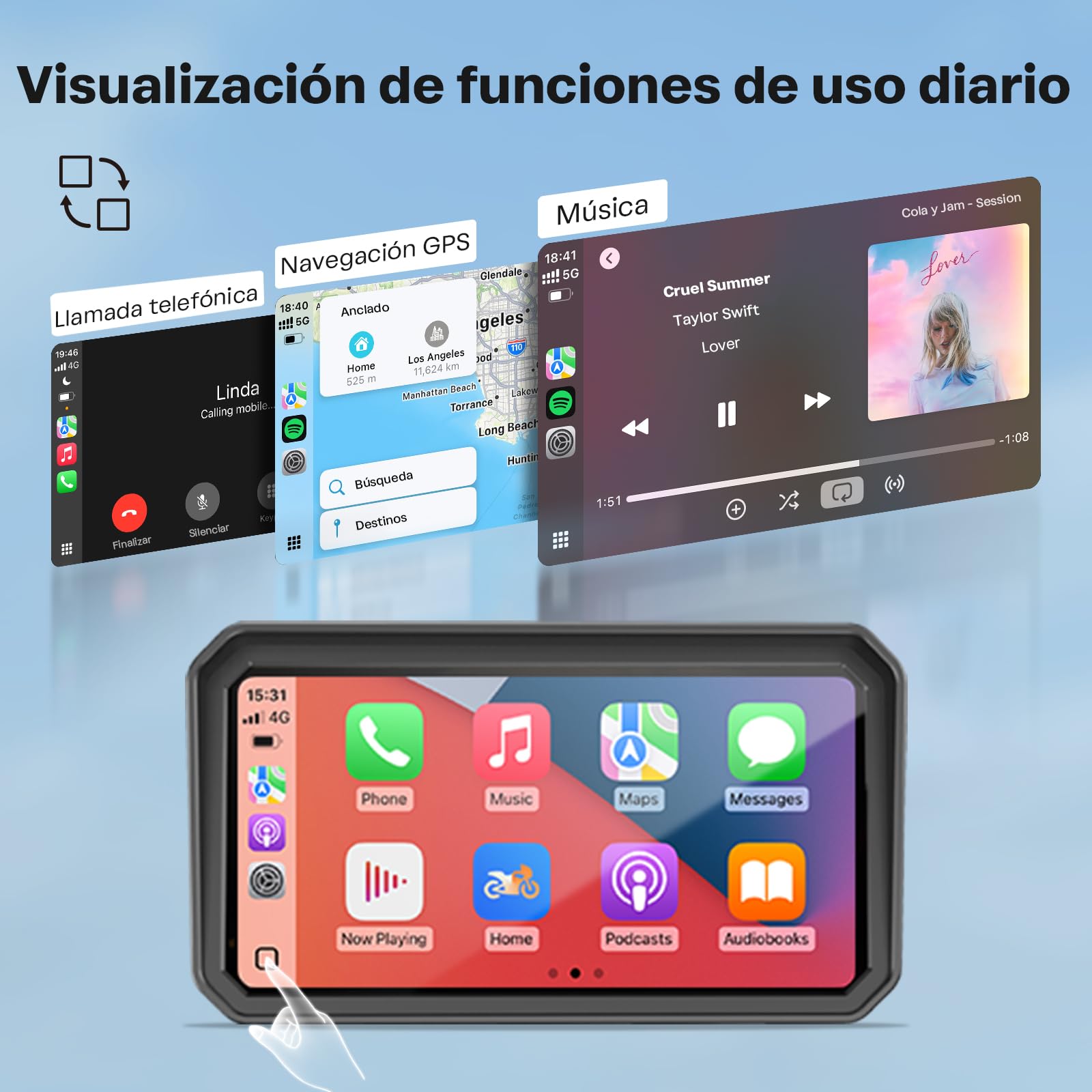WonVon 6.25 Pulgadas CarPlay para Motocicleta Sistema de Navegación GPS con Apple CarPlay y Android Auto Pantalla Portátil con Doble Bluetooth, Navegación, Siri, Asistente de Google Soporte magnética — view 4