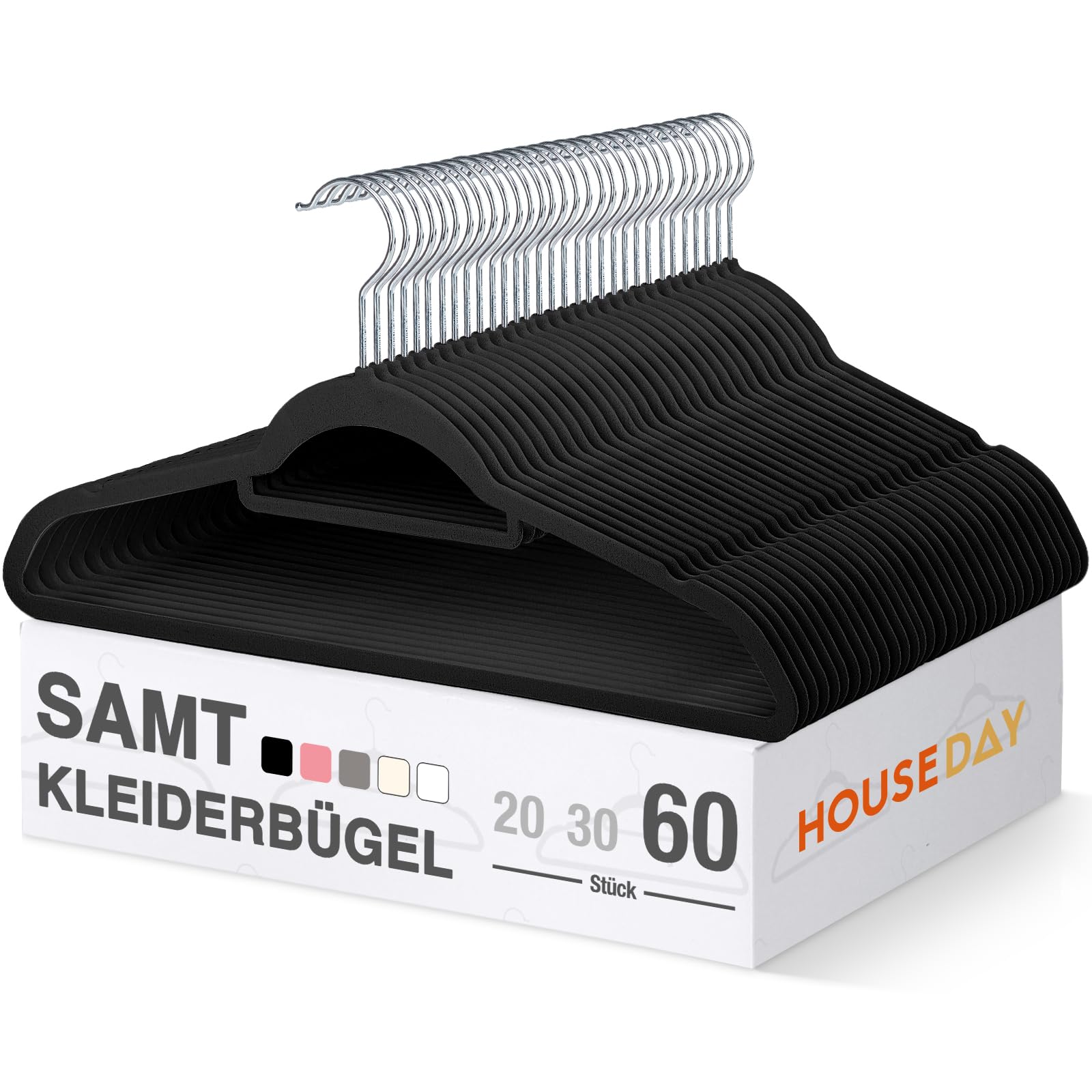 HOUSE DAY Kleiderbügel Samt 60 stück,Kleiderbügel Platzsparend Rutschfester mit Krawattenhalter,360°drehbar,geeignet für Anzüge, Jacken, Hemden, T-Shirts, Kleider und Camisolen(Schwarz)