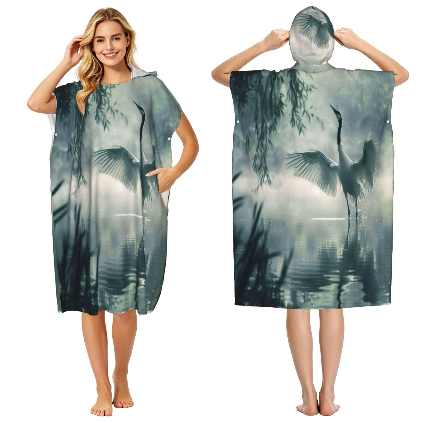 DTHKJNLSF The Crane Of The Lake Adult Hooded Beach Poncho Towel