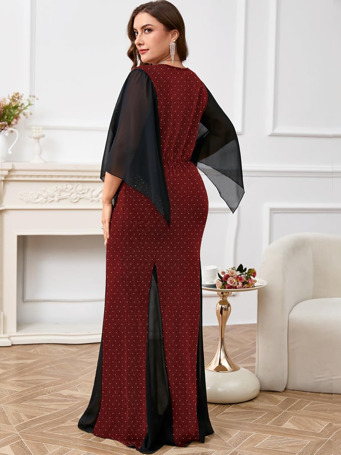 CYCLAMEN Plus Size Sparkly Formal Dress V Neck Handkerchief Sleeve Bodycon Mermaid Maxi Evening Gown Cocktail Party Prom - Image 5