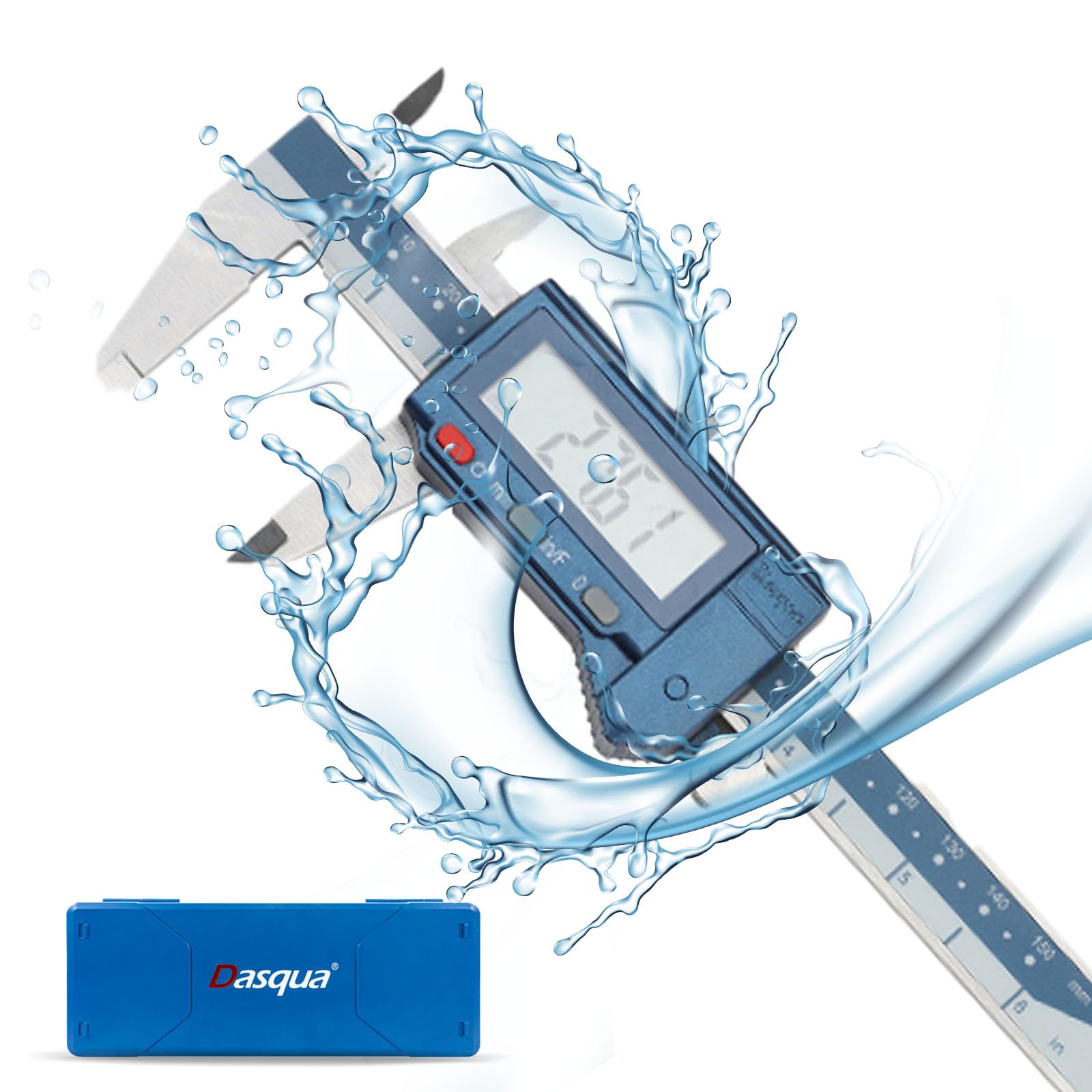 Dasqua Calibro digitale da 6" in acciaio inox, grado di protezione IP54, con schermo grande, conversione in/mm/frazioni, alta precisione ± 0,1", con custodia protettiva