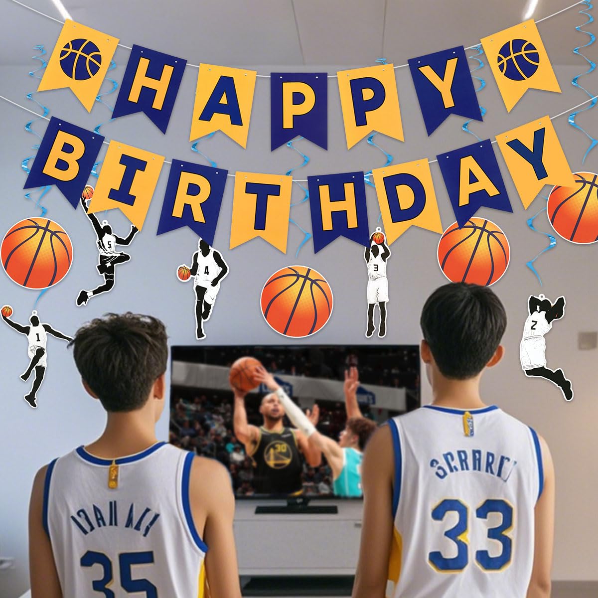 Juego de decoraciones de fiesta de cumpleaños de baloncesto para niños, pancarta de feliz cumpleaños, remolinos colgantes para niños y hombres, juego de baloncesto, tema deportivo, baby shower, fiesta