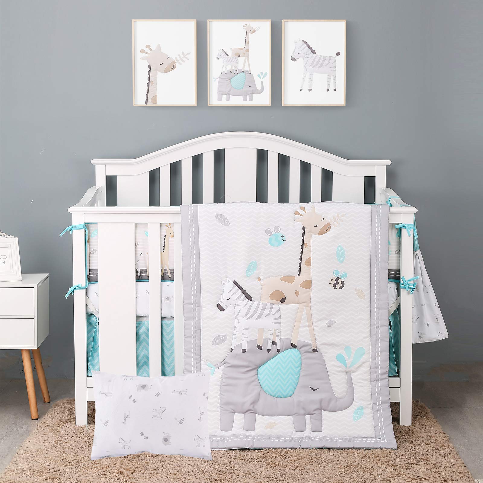 JISEN 3 Piece Crib Bedding Set Crib Quilt Crib Sheet Pillowcase - Soft Microfiber Printed Nursery Set for Baby Boys or Girls Gray
