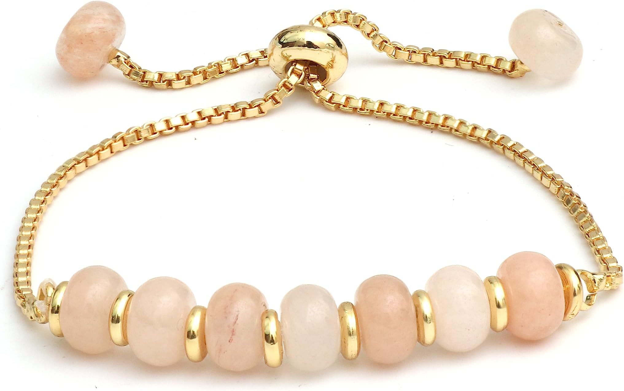 Gempires Peach Moonstone Bolo Bracelet, Handmade Beaded Jewellery, Crystal Beads Bracelets for Women, 14k Gold Plated Slider Chain, 6 to 8-inch Adjustable Bracelet