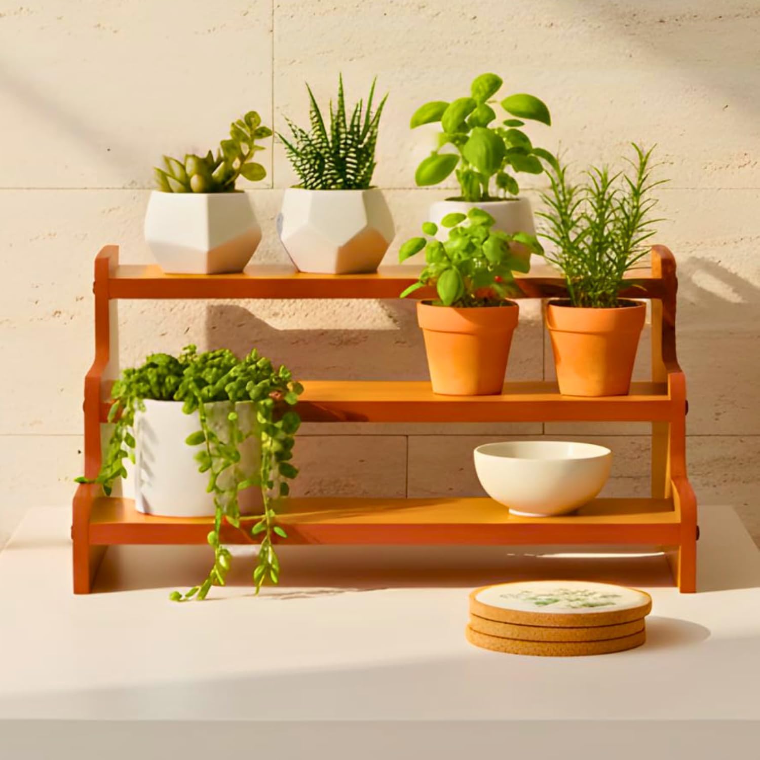 3-Tier Wooden Step Shelf Organiser, 35x23x15 cm | Staircase Design, Kitchen & Pantry Use, Countertop Display, Spice Rack Stand, Natural Wood Finish-image-9