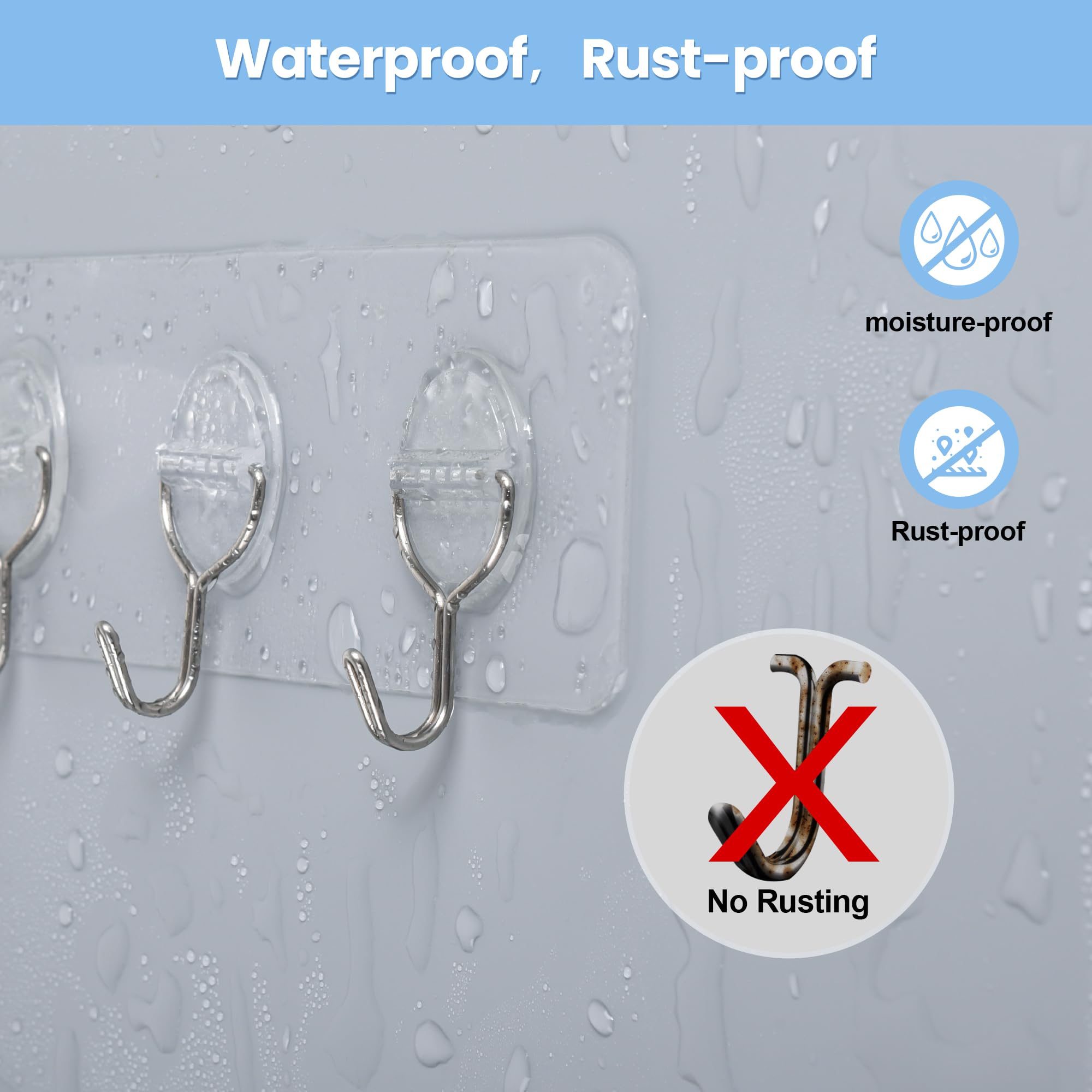 2 PCS Adhesive Wall Hooks for Hanging Sticky Clear Heavy Duty Hangers with 6 Stainless Hooks without Nails — view 4