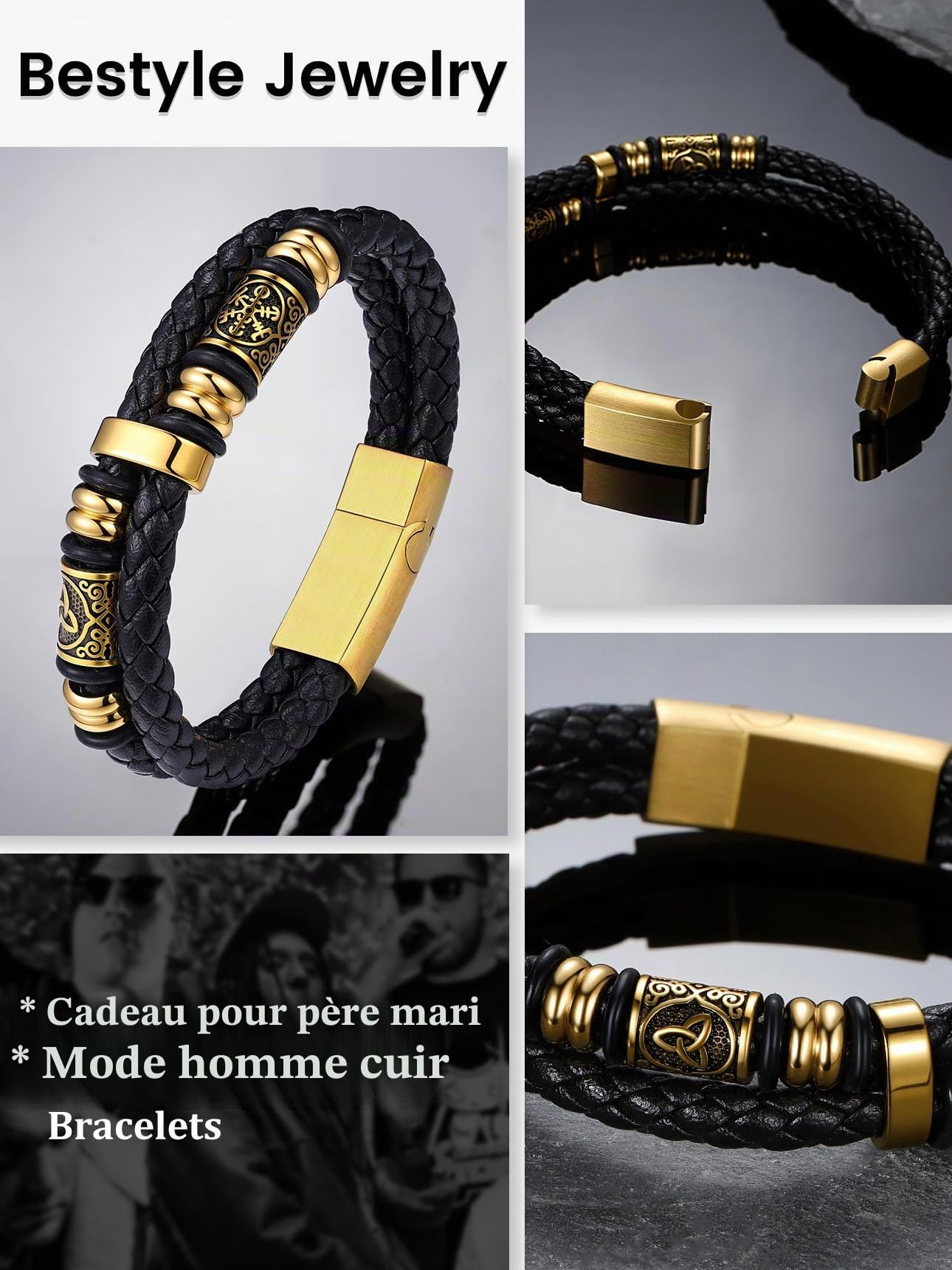 Bestyle Bracelet Homme en Cuir Tressé PU Fermoir Magnétique Taille 17-23cm