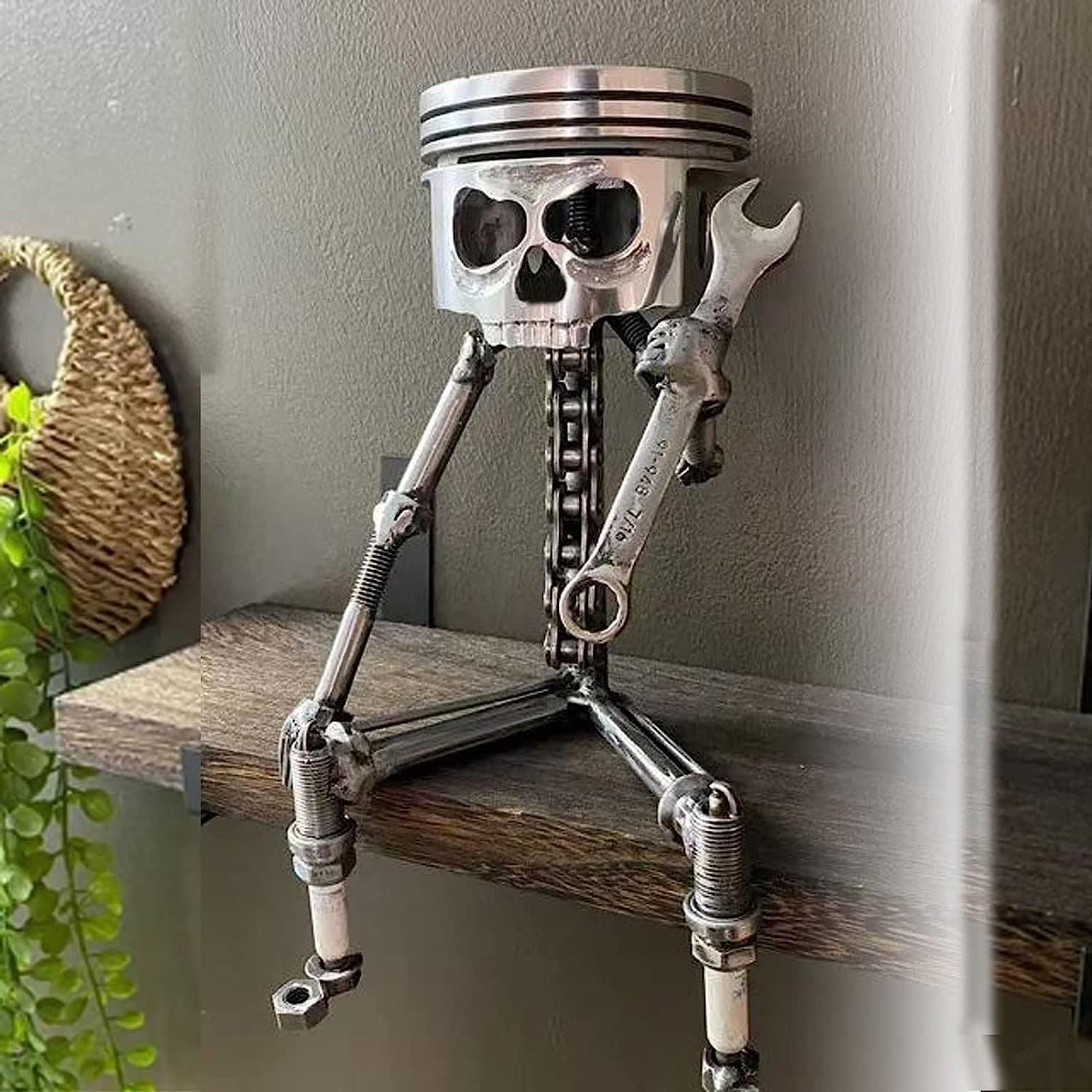Carving Piston Face Sculpture Metal Art Figurine,Carved Skeleton Sculpture Ornaments,Handmade Man Head Statue Office Home Table Desk Decor, SliverCarving Piston Face Sculpture