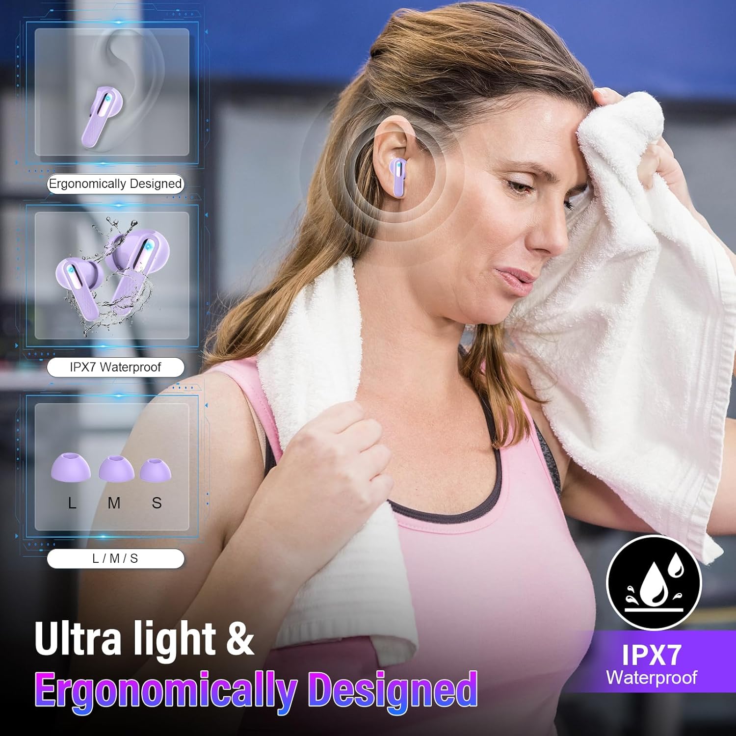 Wireless Earbuds, Bluetooth 5.4 Headphones with Multifunction Touch Screen, 48H Deep Bass Stereo Ear Buds, 5 EQ Modes, ANC/ENC Noise Cancelling, Transparency Mode, IPX7 Earbuds, Purple - Image 8