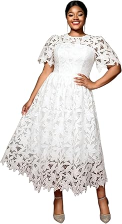 AOMEI Womens Hollow Out Lace Sleeve Floral Elegant A-Line Long Dress Cocktail Wedding