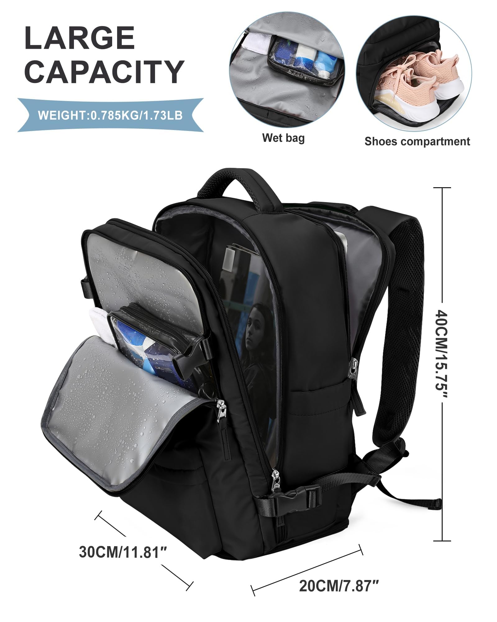 SZLX Zaino Ryanair 40x30x20 Sottovuoto Bagaglio a Mano 40x20x25 Donna Zaino da Viaggio 40x30x20 Wizzair Borse da Cabina per Easyjet 45x36x20 Uomo per Laptop 14 Pollici con Porta USB e Porta Scarpe