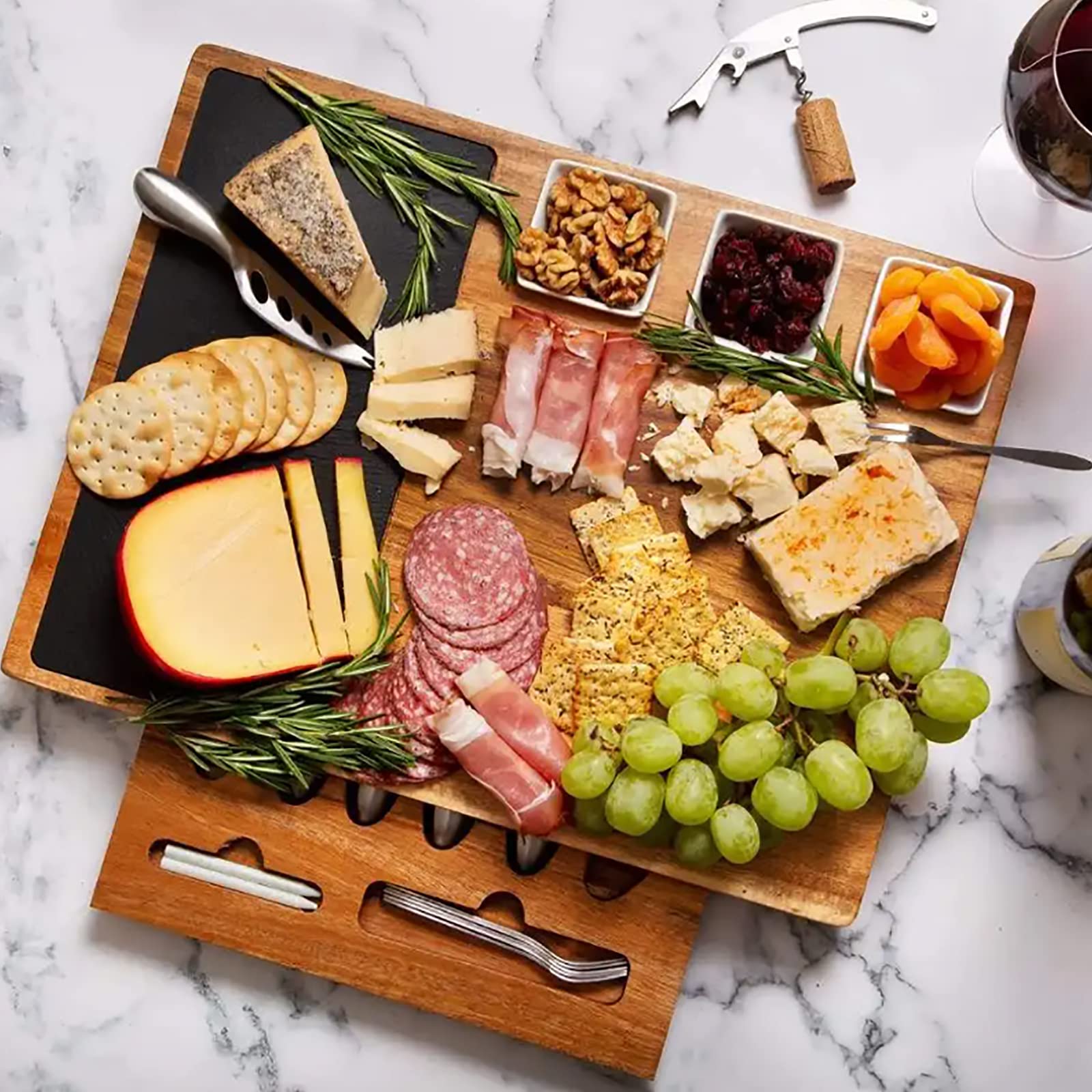 Käseplatte, Wurstplatte, Käse, Fleisch, Wein, Serviertablett Und Messerset Mit Besteck Und Ausziehbarer Schublade, Käseplatten, Komplett Ausgestattet, Für Wein, Cracker, Brie Und Fleisch