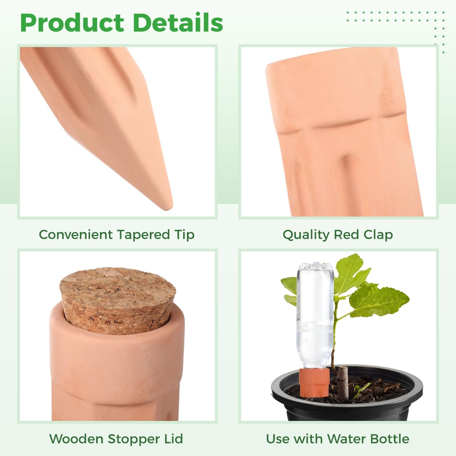 Lot de 4 cônes d’arrosage pour plantes avec couvercles, cône en argile avec bouchon en bois, arrosage automatique pour plantes en vacances, irrigation lente pour plantes intérieures et extérieures