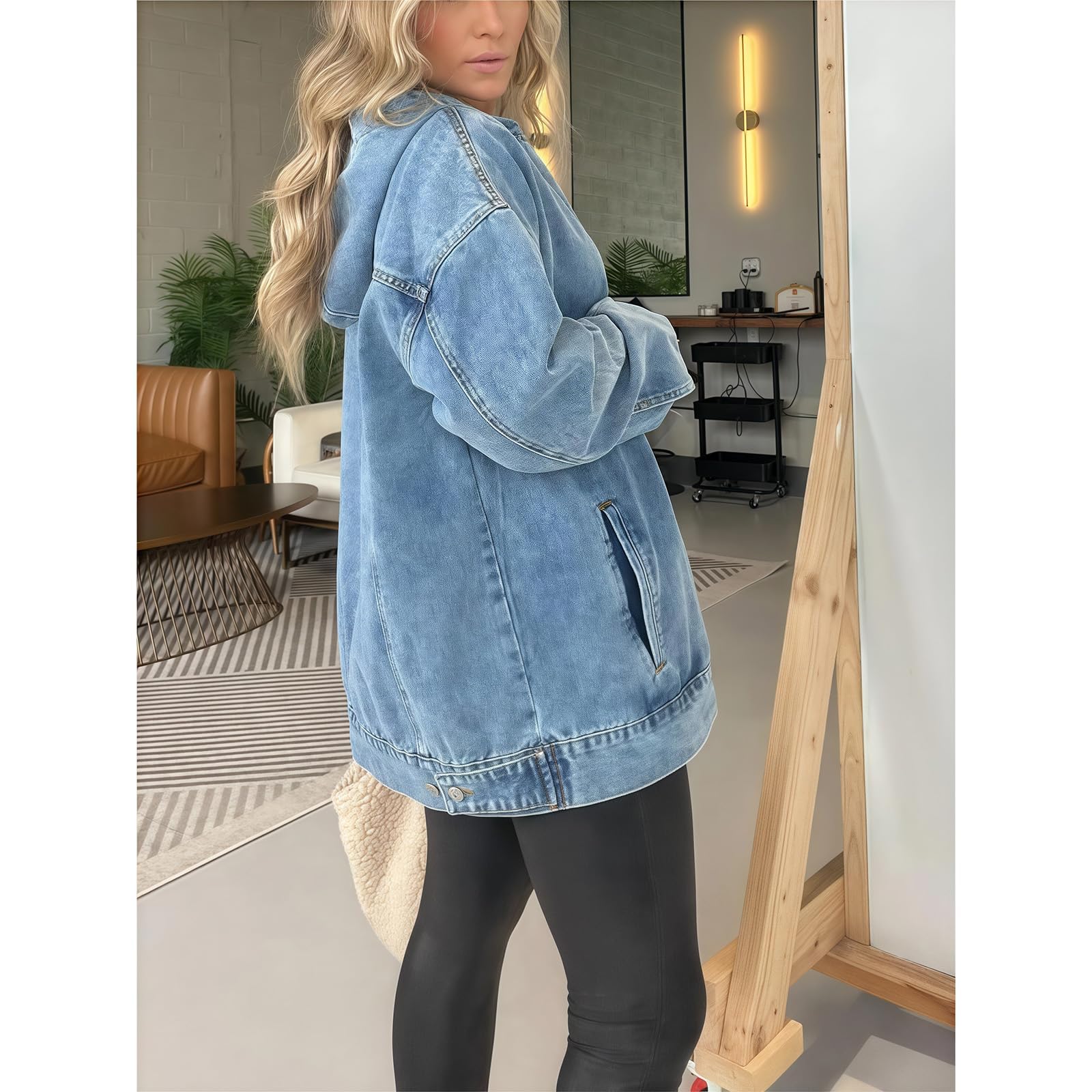Dżinsowa bluza z kapturem z przednimi kieszeniami, klasyczny styl, wygodna luźna kurtka vintage postarzana kurtka dżinsowa topy