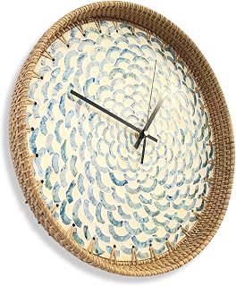 Handmade Rattan Wall Clock Unique, Cottagecore Clocks for Wall, Minimalist Modern Home Decor for Living Room Kitchen and Bedroom, Ocean Azure Art, Rattan/Shell/Metal Pointer, 14Inch