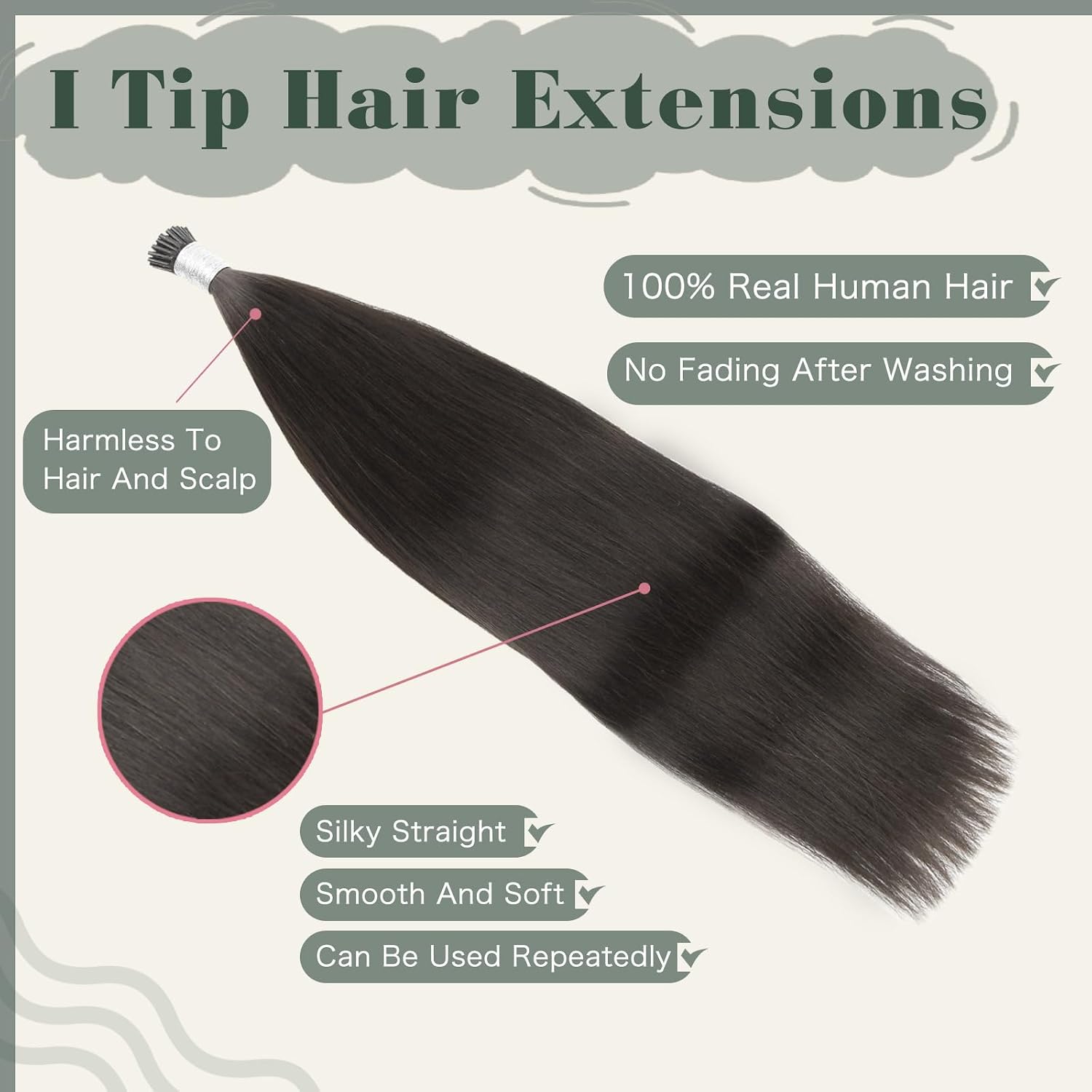 Sixstarhair Keratin I Tip Hair Extensions Human Hair OFF Black Pre Bonded Real Human Hair 50G/Pack Cold Fusion Itip Human Hair Extensions Black Silky Straight Human Hair Extensions 50 Strands 20inch
