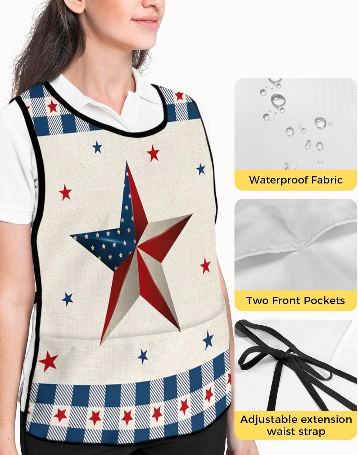Rustic Blue Plaid Cobbler Aprons with 2 Pockets for Women Men, Fashionable Printed Unisex Bib Waterproof Cleaning Smock Vest for Chef Kitchen Independence Day Star Burlap 2 Packs, 20''x 31.5''
