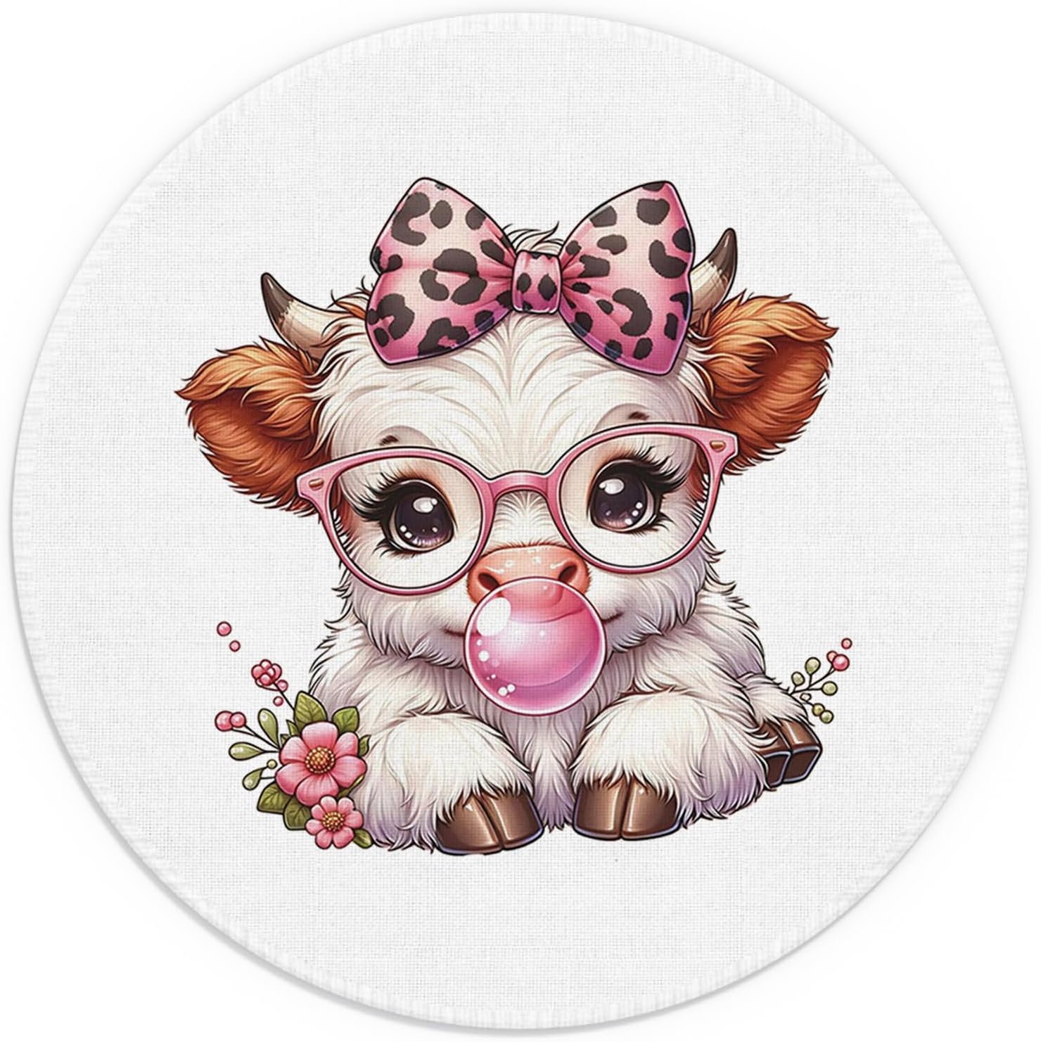 Funny Animal Highland Cow Animals Mouse Pad 7.9x7.9 Inch,Pink Bubble Gum Coquette Purple Bow Flower Cow Mouse Pads for Wireless Mouse Computers Laptop Desk Accessories Women Office Supplies