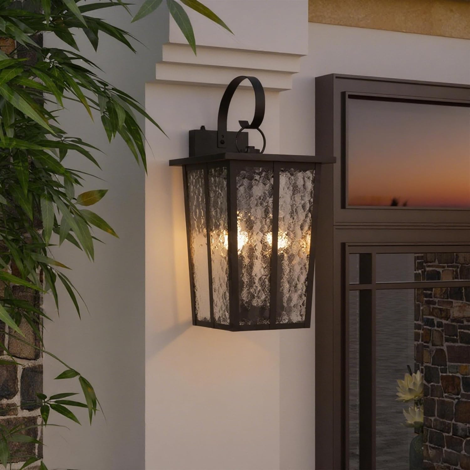 Maxax 18.5" Dusk to Dawn Outdoor Wall Lantern, 3-Light Black Wall Lights, Exterior Light Fixtures with Ripple Glass, Waterproof Outside Porch Lights for, Garage, Entryway, Patio