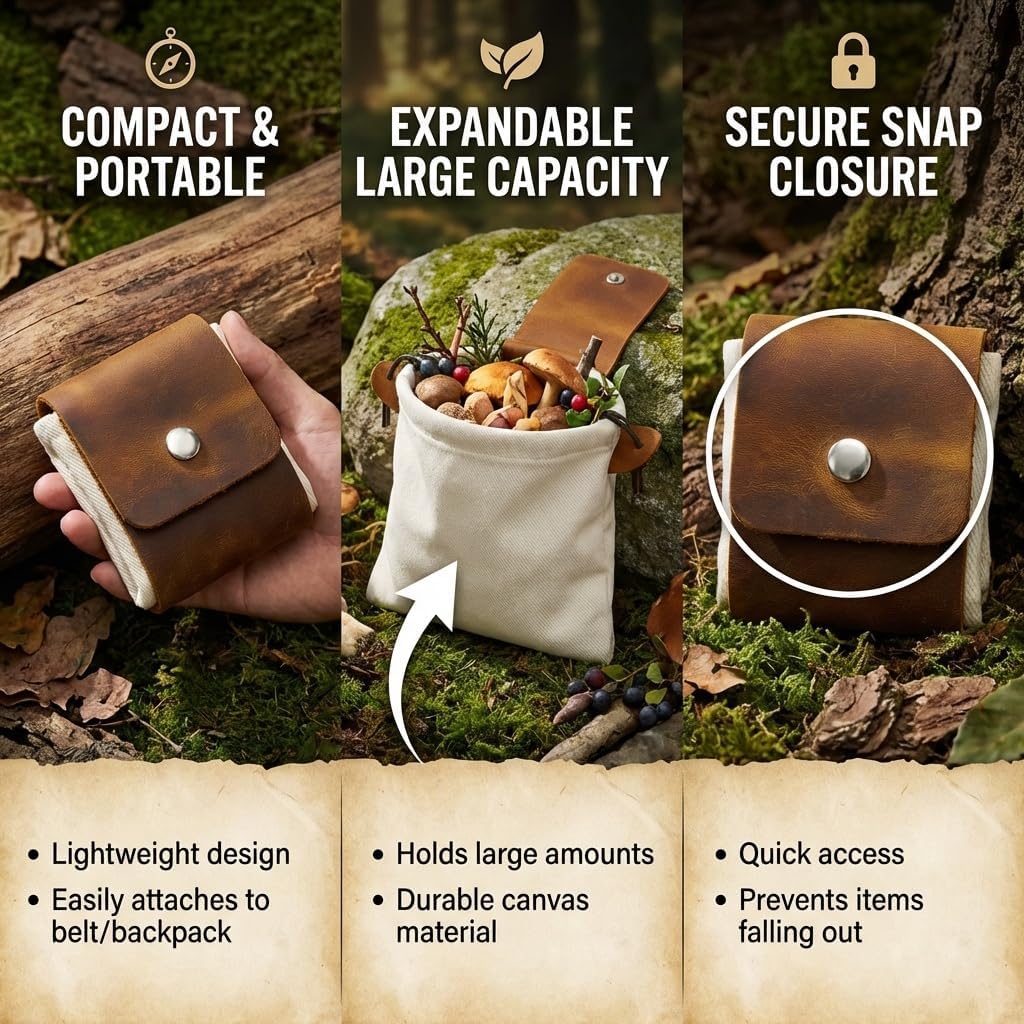 Toprank Leather Foraging Pouch – Collapsible Canvas and Leather Belt Bag for Hiking, Mushroom, Rock & Shell Collecting (Camel/Off-White) - Image 2