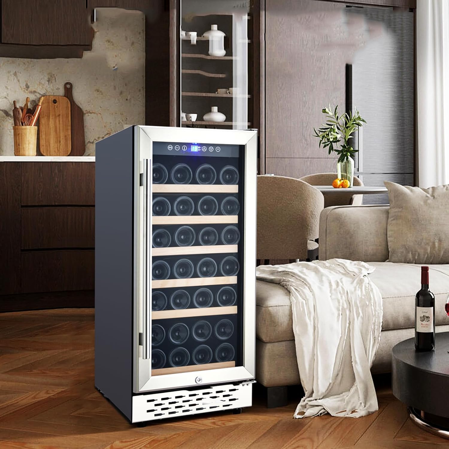 Jojoka 15 Inch Wine Fridge, 28 Bottles Wine Cooler Refrigerator Built-In or Freestanding, Wine Refrigerator With Double-Layered Glass Door & Safety Lock