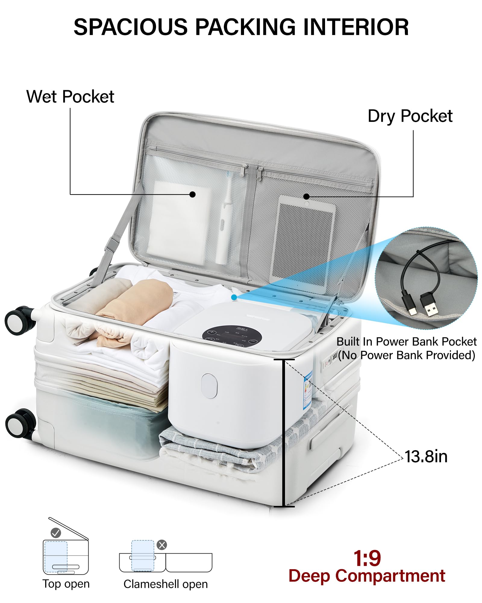 Hanke Equipaje extensible de apertura superior con portavasos y puertos USB, Blanco ahumado., Expandable 24 Inch, Equipaje de apertura superior con portavasos y puertos USB