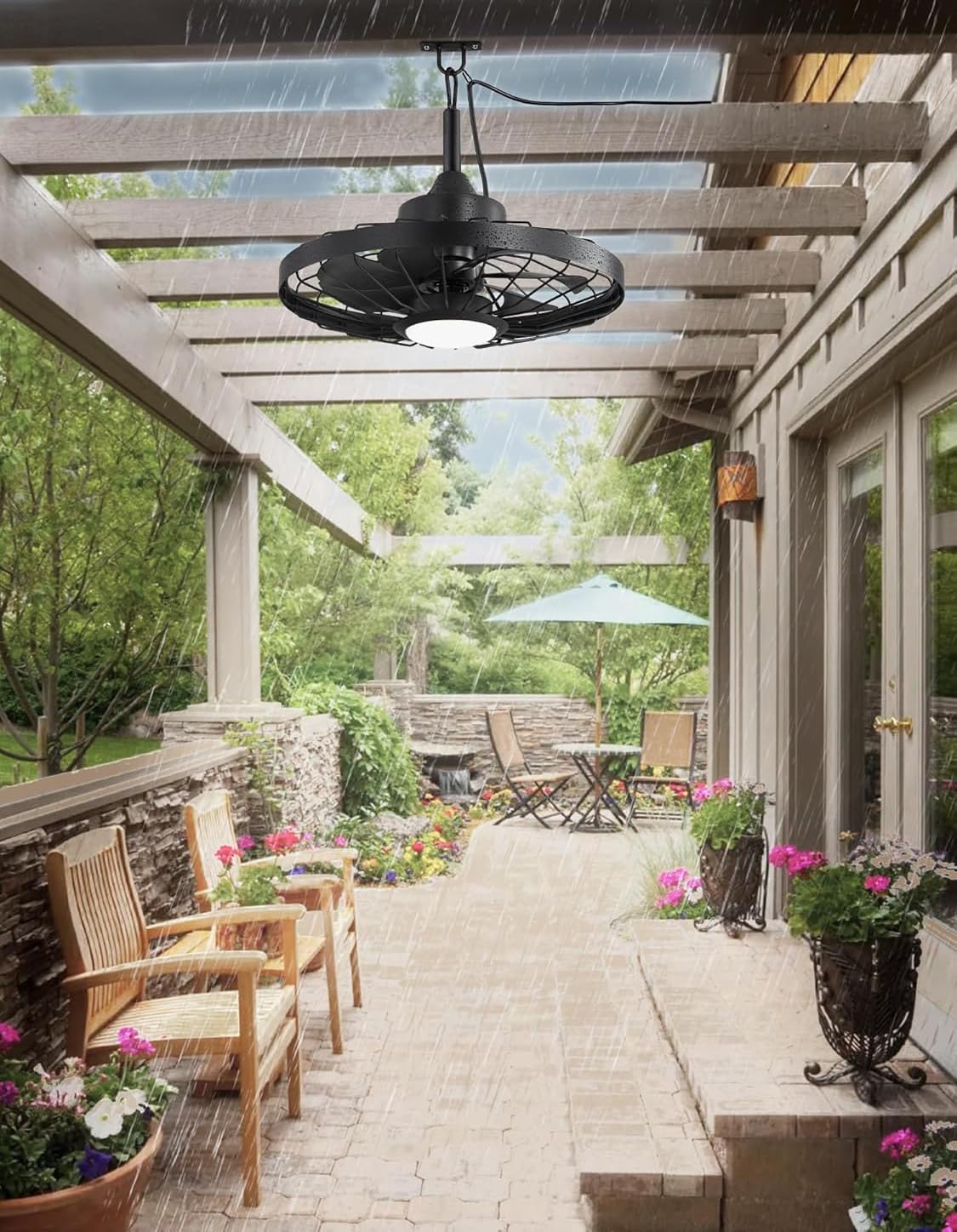 Deckenventilator für Außen mit Licht und Fernbedienung IP65 Wasserdicht LED Lampe mit Ventilator für Garten Terrasse Dimmbar Leise Deckenlampe Retro Deckenventilator mit Beleuchtung für Outdoor Innen