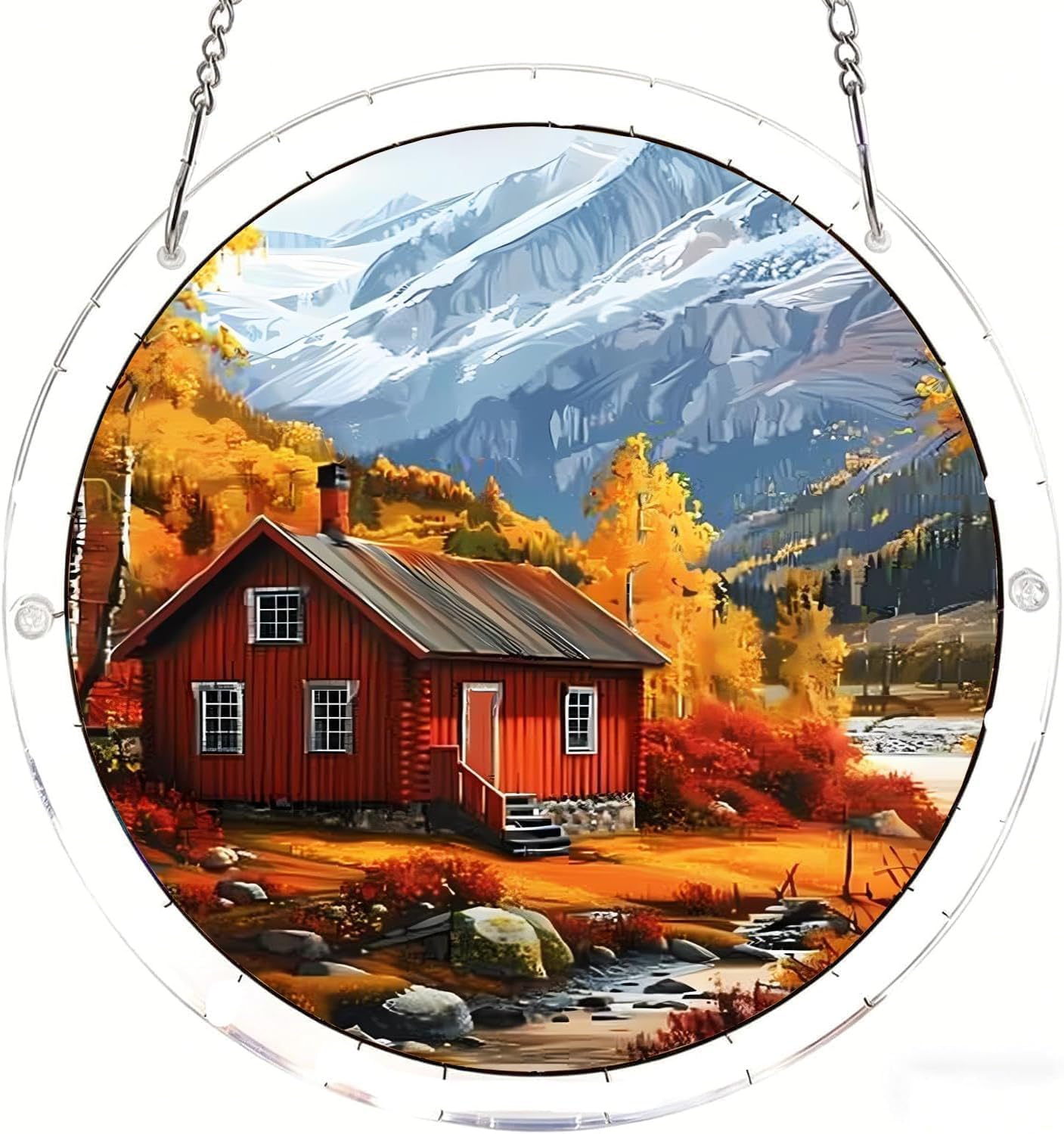 The Red Cottage in the Mountains Acrylic Jigsaw Puzzles Suncatcher, 8.9 Inch Window Hanging Suncatcher Acrylic Puzzle, DIY Home Decor Art Gift