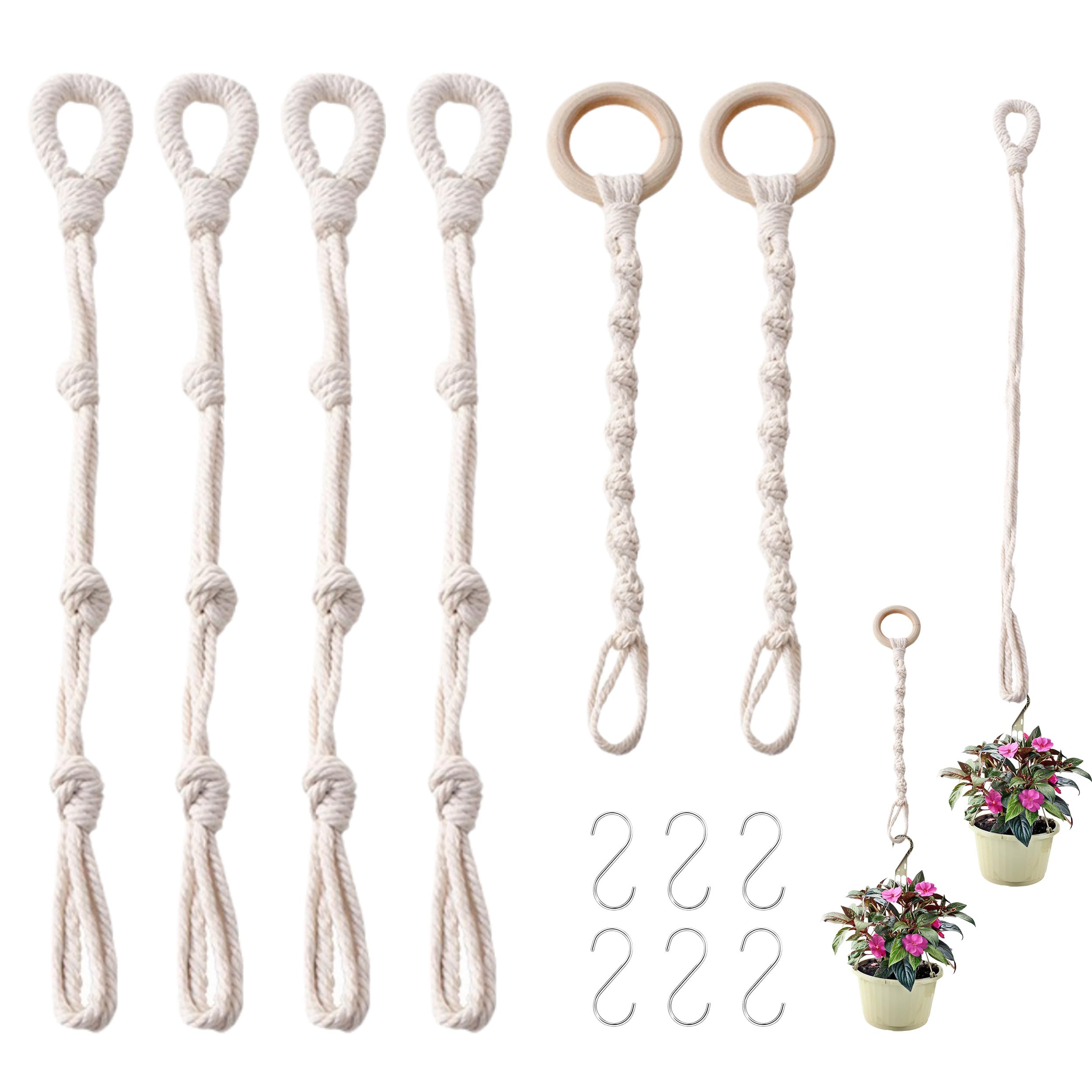 Rallonges de Suspension Plante, 6 Pièces Support de Plantes Macramé, Suspension Pot de Fleurs en Corde de Coton Beige Style Bohème avec Crochets pour Extérieur Jardin et Balcon