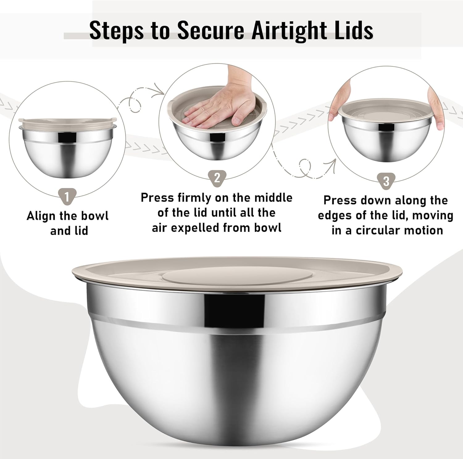 Mixing Bowls with Lids Set of 9, Vesteel Stainless Steel Mixing Bowls Metal Nesting Salad Bowls Attach with 3 Graters for Kitchen Grating/Shredding, Size 4.6, 2.6, 2, 1.5, 1, 0.7 QT - Khaki