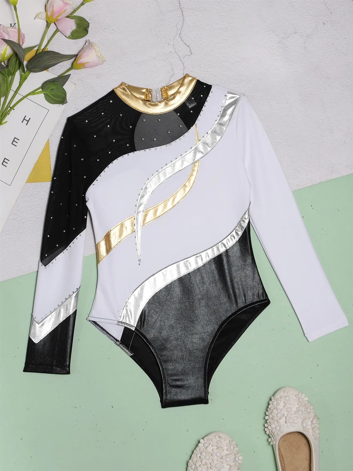 Leotardo para Competición de Gimnasia Leotardos de gimnasia for niñas, leotardos bronceadores de manga larga, vestido de Ballet, ropa de práctica de baile(White,8)