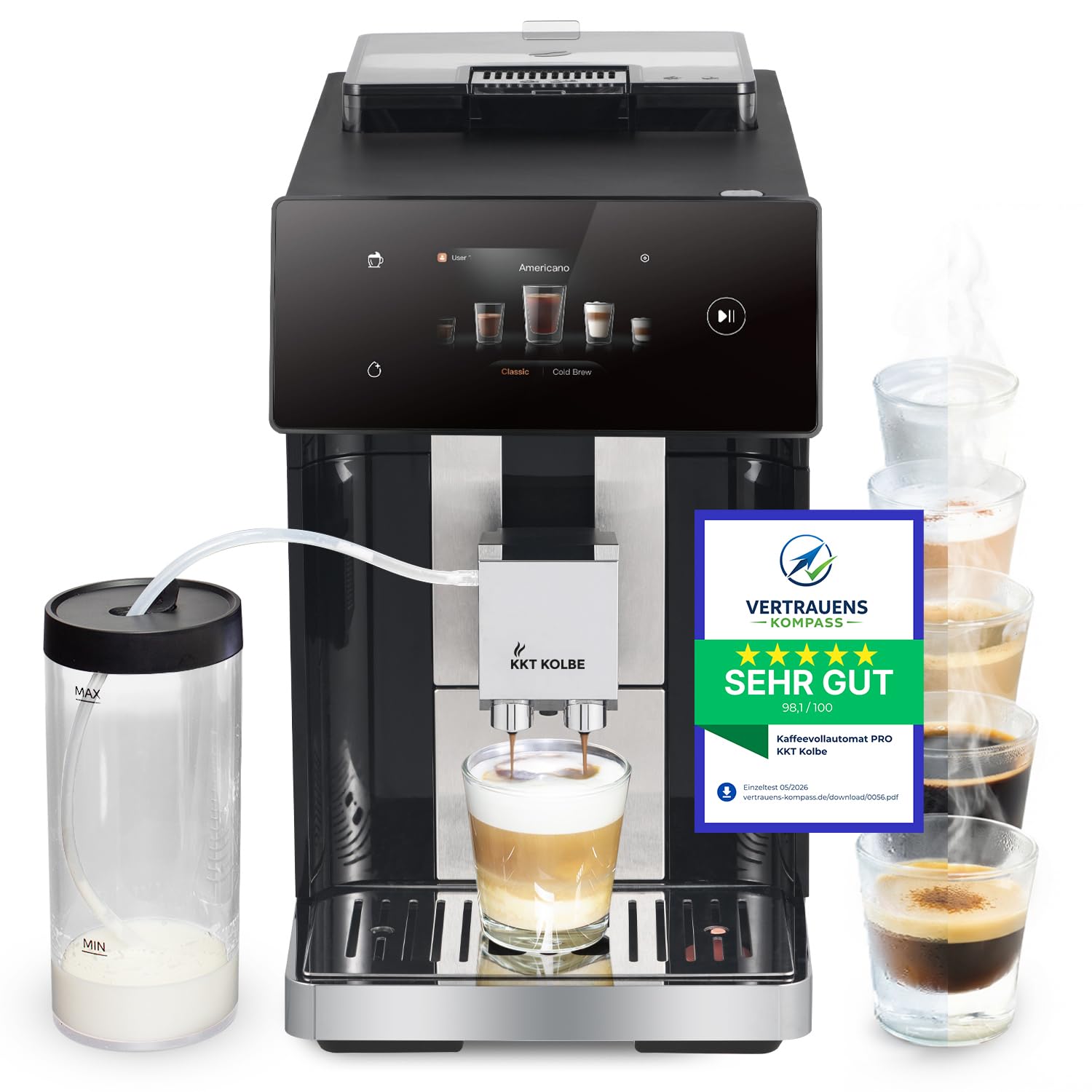 KKT KOLBE Kaffeemaschine mit Milchbehe4lter, Milchschaumdfcdse und Zubehf6r, 2 Tassen Funktion, 15 Bar, 7-stufiges Mahlwerk, TFT Touchscreen