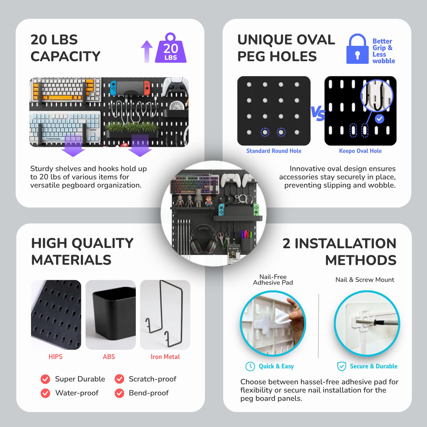 Keepo Kit de Tablero de Clavijas Modular y Accesorios para Juegos - Organizador y Estación de Configuración