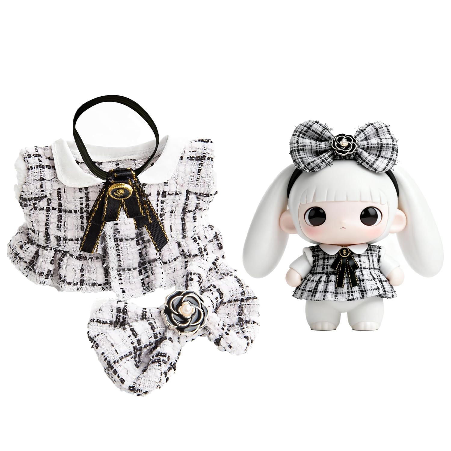 Pink Plaid Tweed Doll Clothes for 17cm Plush - 3Pc Camellia Bow Dress Set, Kawaii Outfit Compatible with 6.7" Vinyl Face Monster Art Toy (Doll Not Included)(Style D)