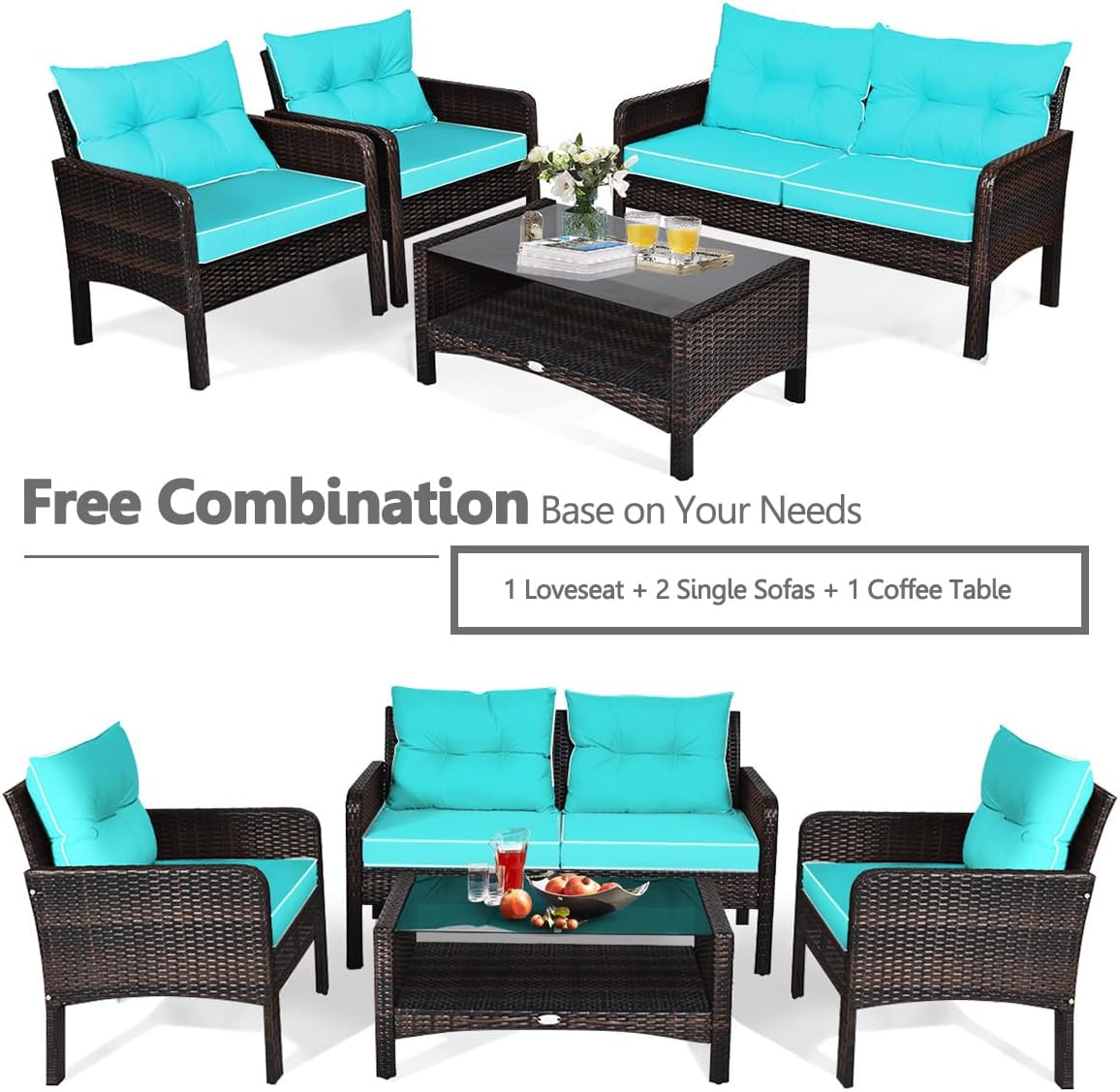 DORTALA 4 Pieces Rattan Patio Conversation Set, Outdoor Wicker Furniture Set with Chairs, Loveseat, Cushions and Glass Top Coffee Table for Garden Porch Poolside Balcony, Turquoise