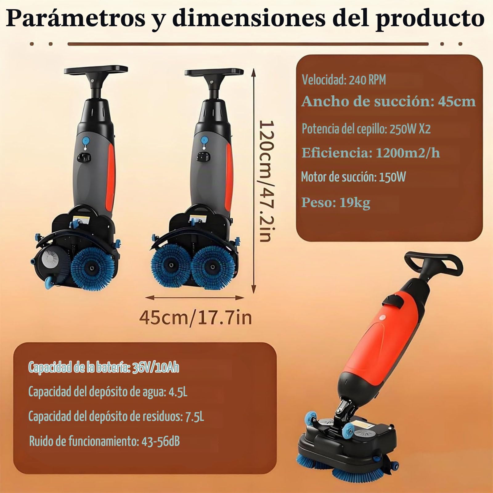 Lavadora de Pisos Comercial, Fregadora de Suelos Profesional, Cepillo Rotativo 360°, Fregadora Sin Cable, Limpieza Húmeda y Seca, Capacidad de Limpieza de 13000 pies²/h Grey