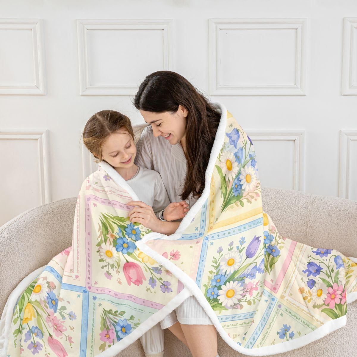 Castle Fairy Watercolor Flowers Sherpa Throw Blanket Tulip Diamond Patchwork Bed Sofa Couch Partner Vintage Farm Style Living Room Decor Lightweight Fleece Blanket Plush Blankets 40"x50" Pink Blue image 2