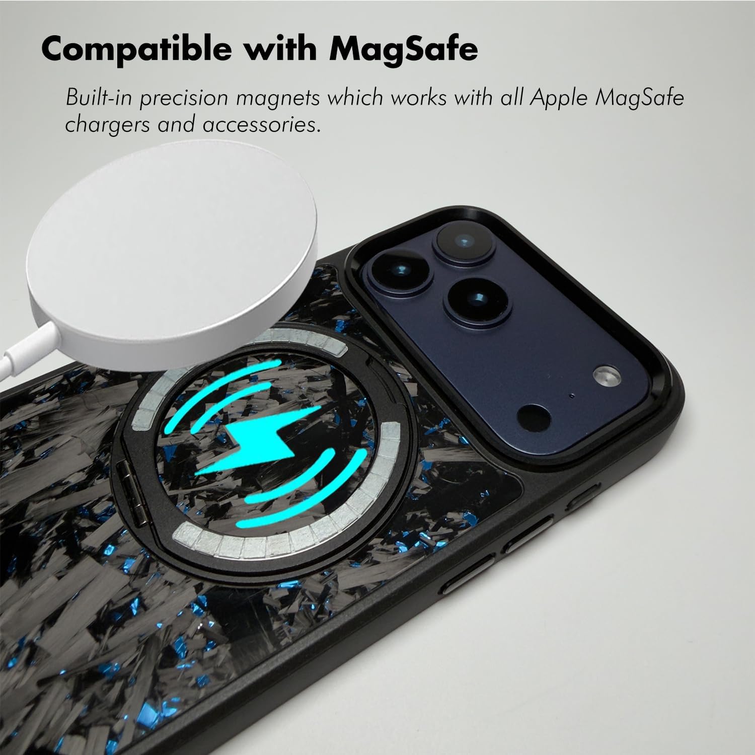 Molzar Omni Series Case for iPhone 17 Pro Max with Real Forged Carbon Fiber, Built-in 360° Adjustable Aluminum Alloy Kickstand, Compatible with MagSafe, Full Camera Control Coverage, Glossy Black/Blue