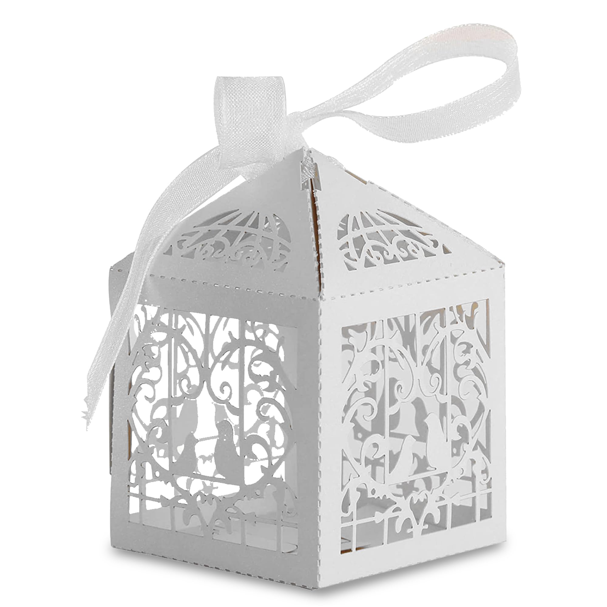 Trimming Shop 100pcs Love Birds Wedding Favour Boxes with Organza Ribbon Laser Cut Gift Boxes for Candy Chocolate Sweets Guest Party Decoration Baby Shower - 5cmx5cmx8cm, White
