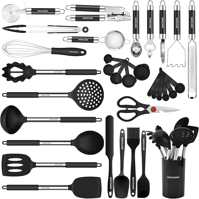Kitchen Utensils Set-Silicone Cooking Utensils-33pcs Non-Stick Silicone Cooking Kitchen Utensils Spatula Set with Holder-Best Kitchen Cookware with Stainless Steel Handle (Khaki)