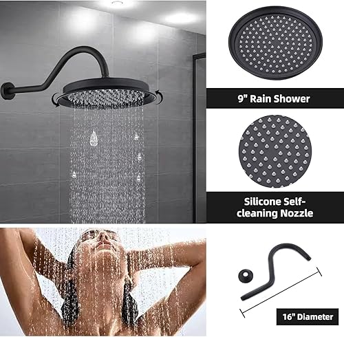 Miniatura 4 de Sistema de ducha termostático de metal de 9 pulgadas, juego de grifo de ducha negro mate de 3 pulverizadores, cabezal de ducha de lluvia con chorros