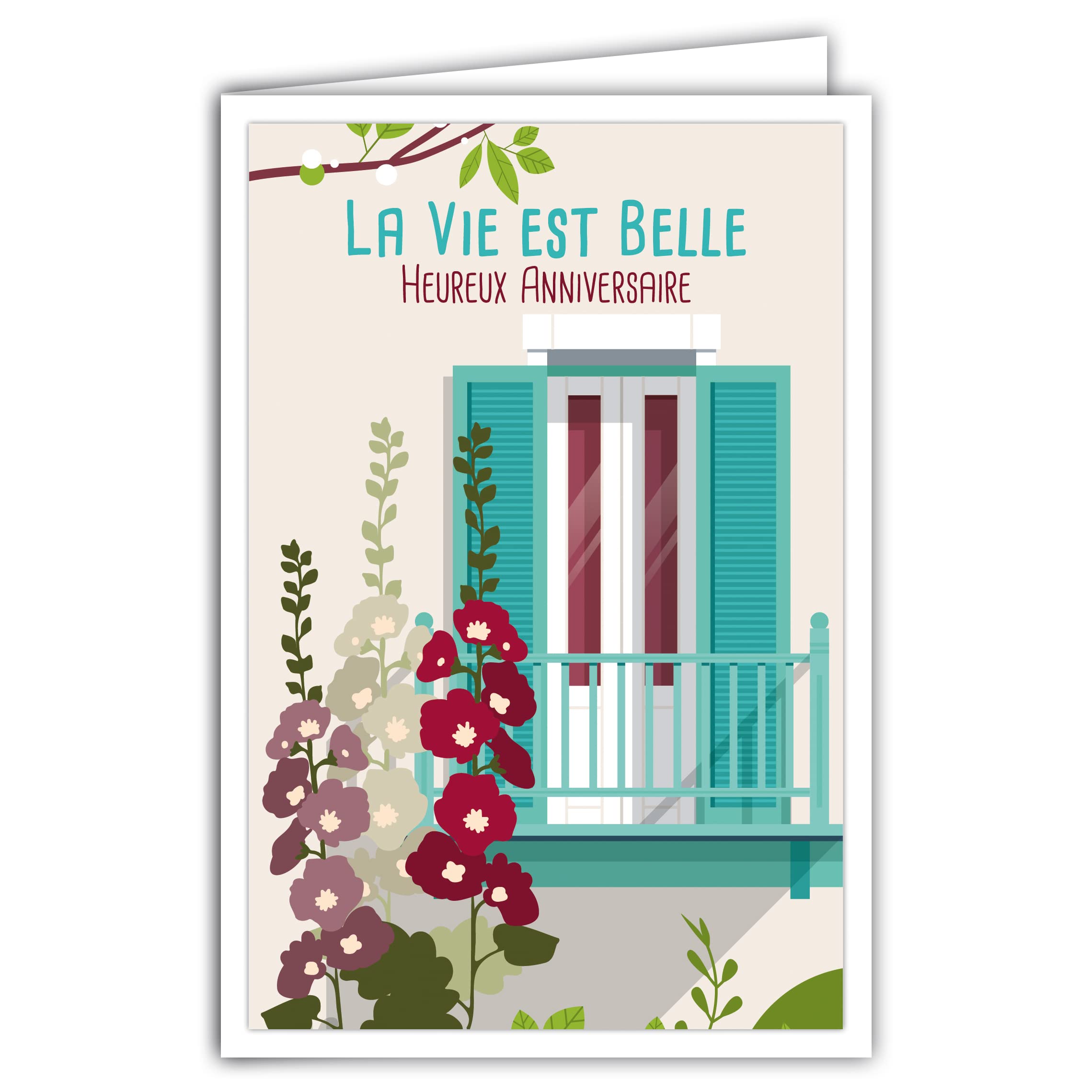 Afie 69-4327 Happy Birthday Card with Envelope - Mini Poster 17 x 11.5 cm - Life is Beautiful Hollyhocks Flowers - Retro Vintage