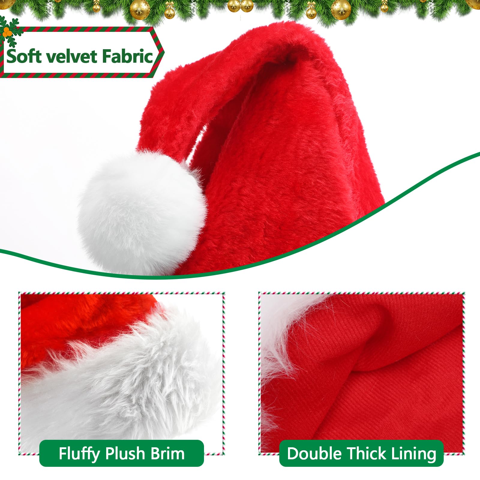 NANMOTUE Santa Hat, Red Velvet & Plush White Trim, Xmas Holiday Hat for Adults, Comfortable, Extra Thicken Classic Fur, Unisex, Great, Perfect Prop for Festive Party