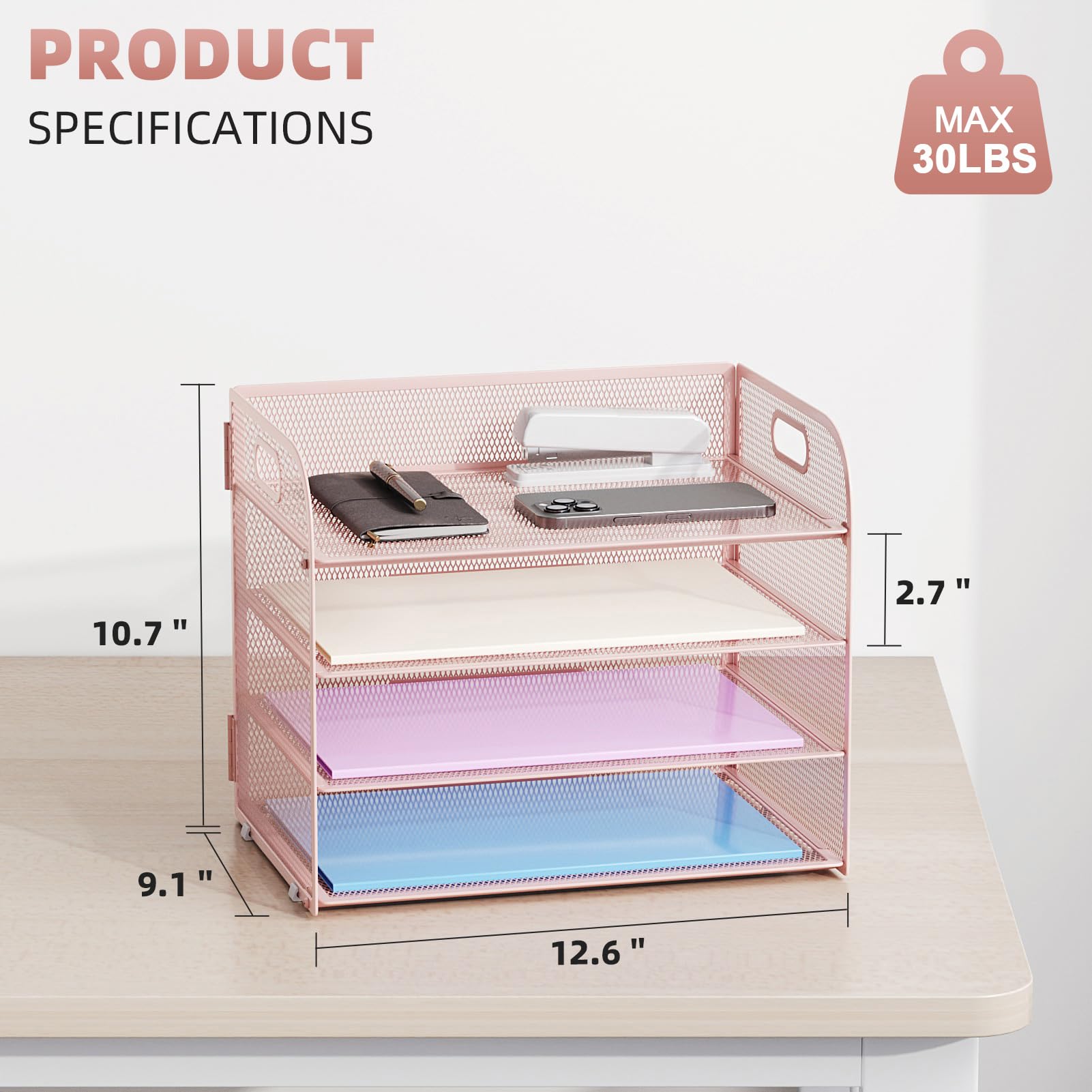 Marbrasse Bandeja organizadora de papel de 4 niveles, organizador de archivos de escritorio de malla con asa, organizador de papel para soporte de carpetas de archivos de oficina y carta/A4